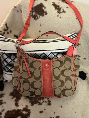 Coach Brown Signature Canvas Shoulder/crosbody Bag with Coral Trim *READ*
